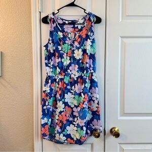 Gap Sleeveless Blue Floral Print Dress Elastic Waist V-Neck 3/4 Button Size M